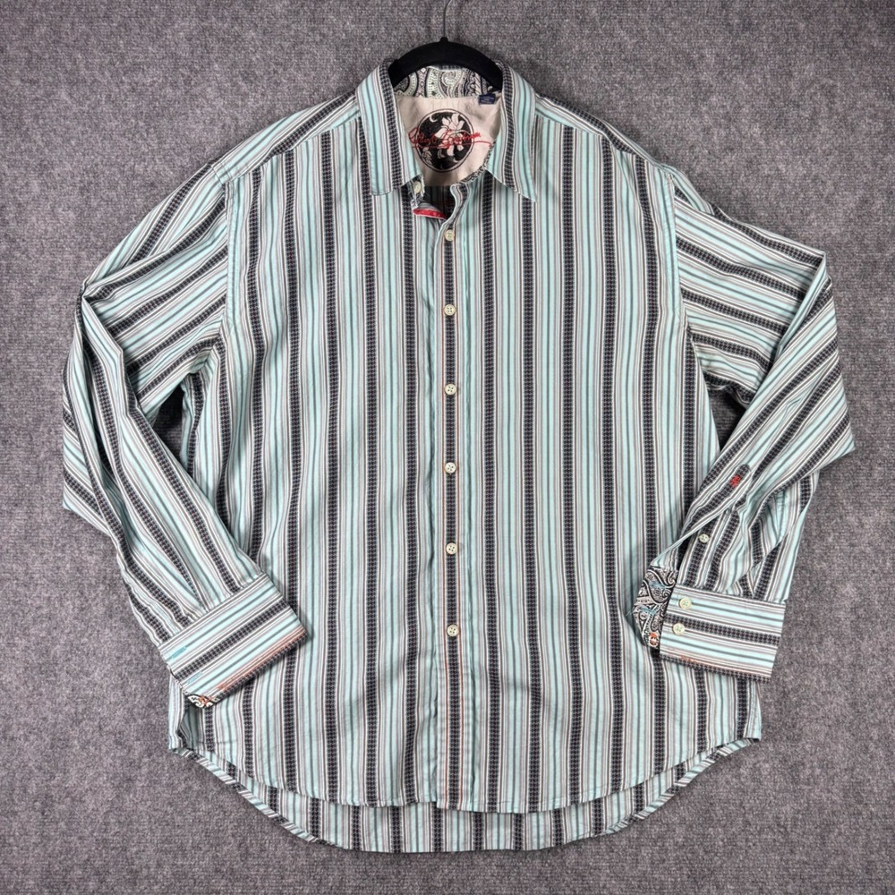 Robert Graham Mens XL Button Down Shirt Striped Silk Cotton Blue Paisley Cuffs